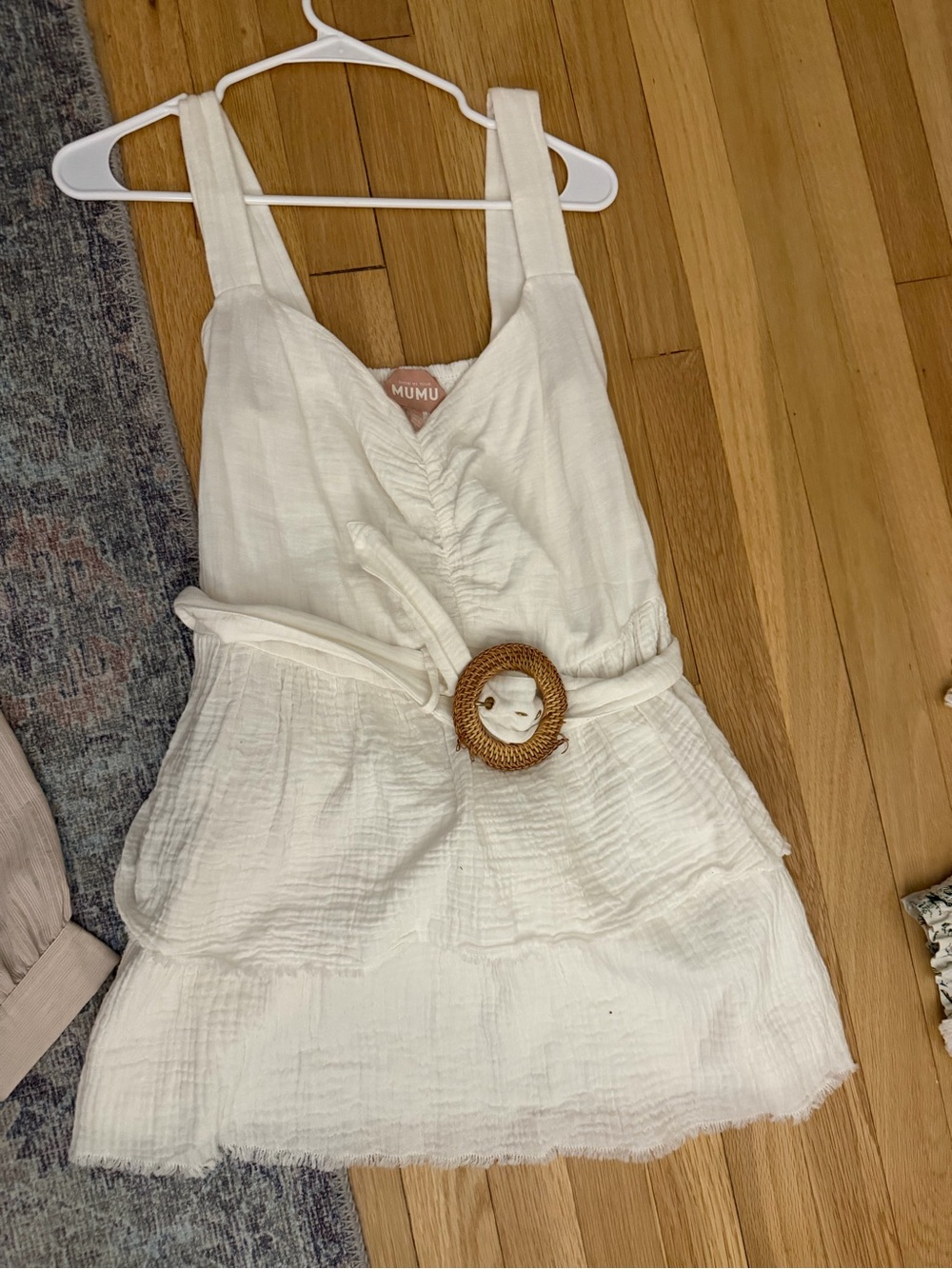 Show me your Mumu White Ruffle Tiered Mini Dress with Belt